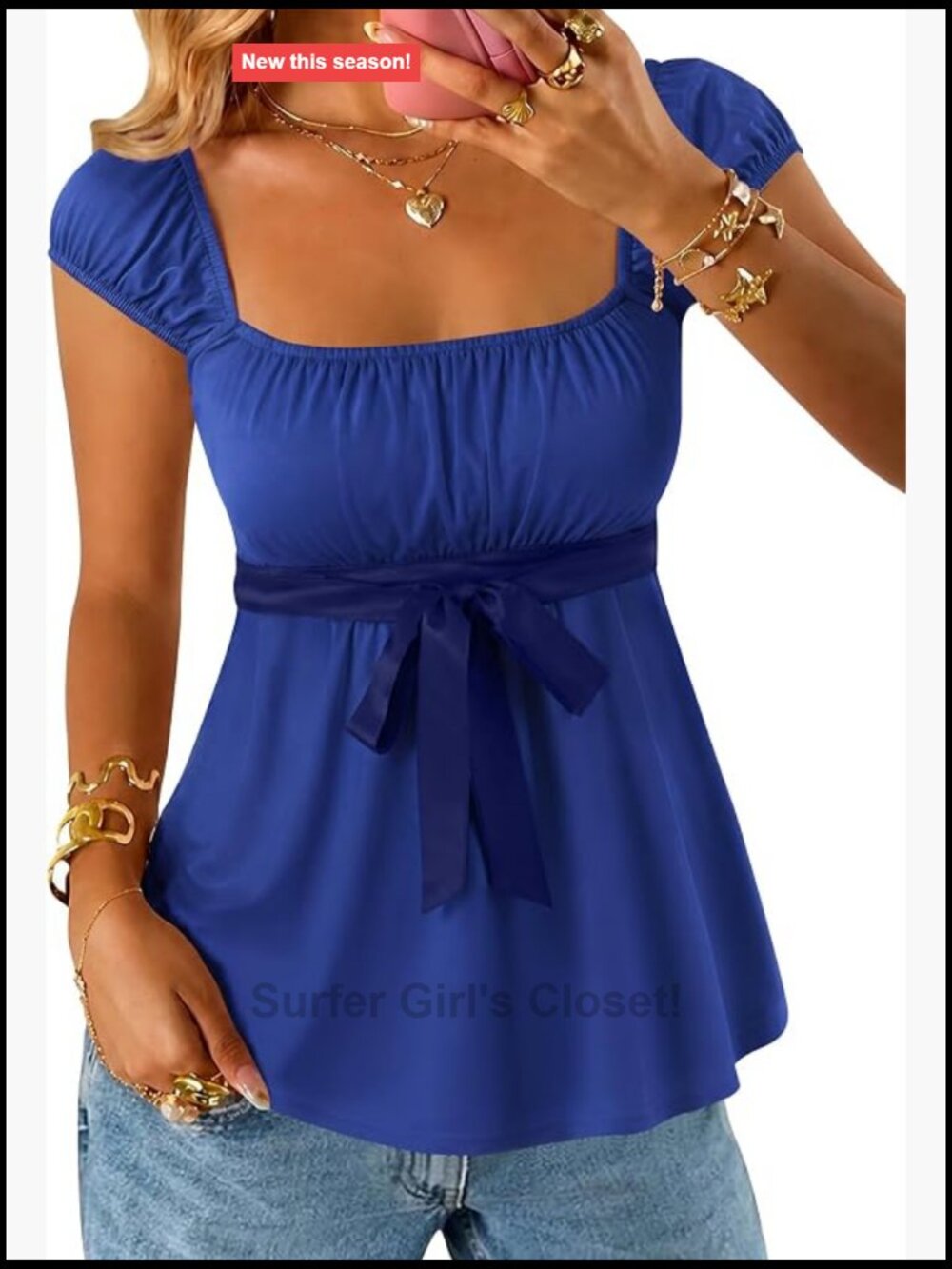 Babydoll Tank Top for Women Square Neck Ruching Ribbon Waist High Stretch Knit